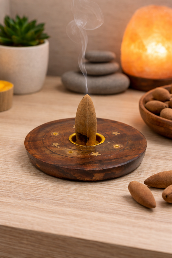 Suport aromaterapie lemn pentru betisoare si conuri parfumate, rotund 7.5 cm, maro, colectare cenusa si protectie suprafete [2]