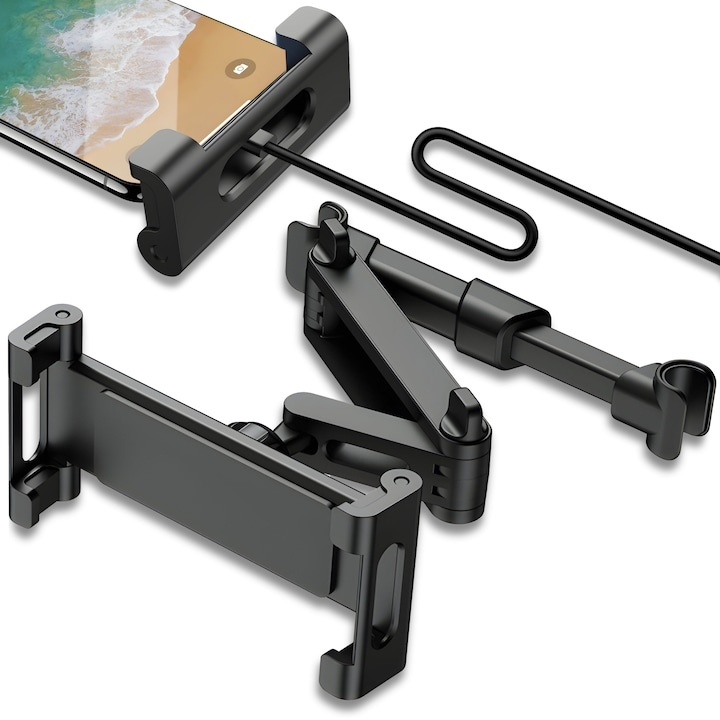 Suport auto pentru telefon si tableta, montare pe tetiera, brat extensibil, rotatie 360°, compatibil 4.7–12.9 inch, sistem stabil, aluminiu si silicon, negru [3]