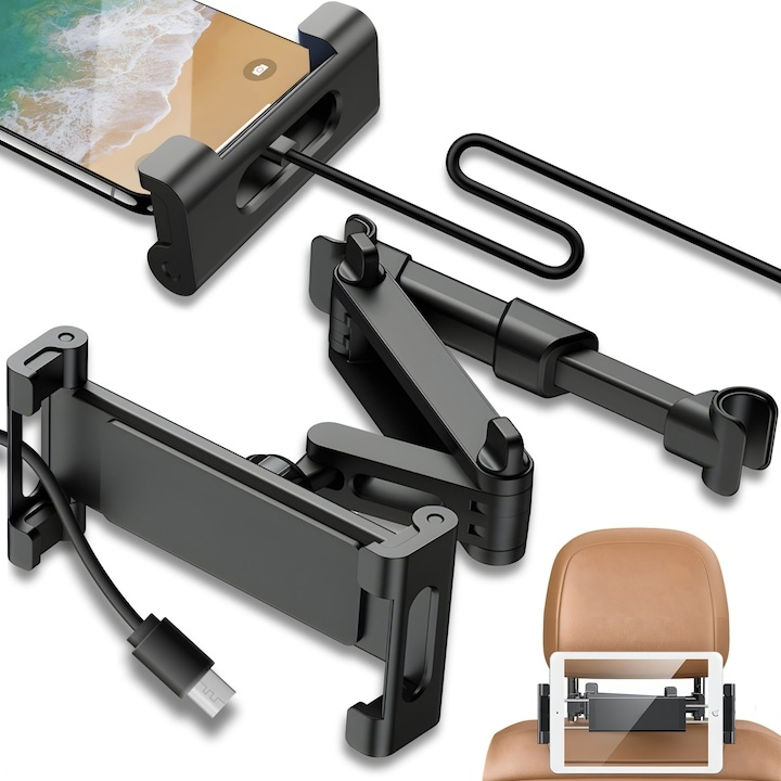 Suport auto pentru telefon si tableta, montare pe tetiera, brat extensibil, rotatie 360°, compatibil 4.7–12.9 inch, sistem stabil, aluminiu si silicon, negru [2]