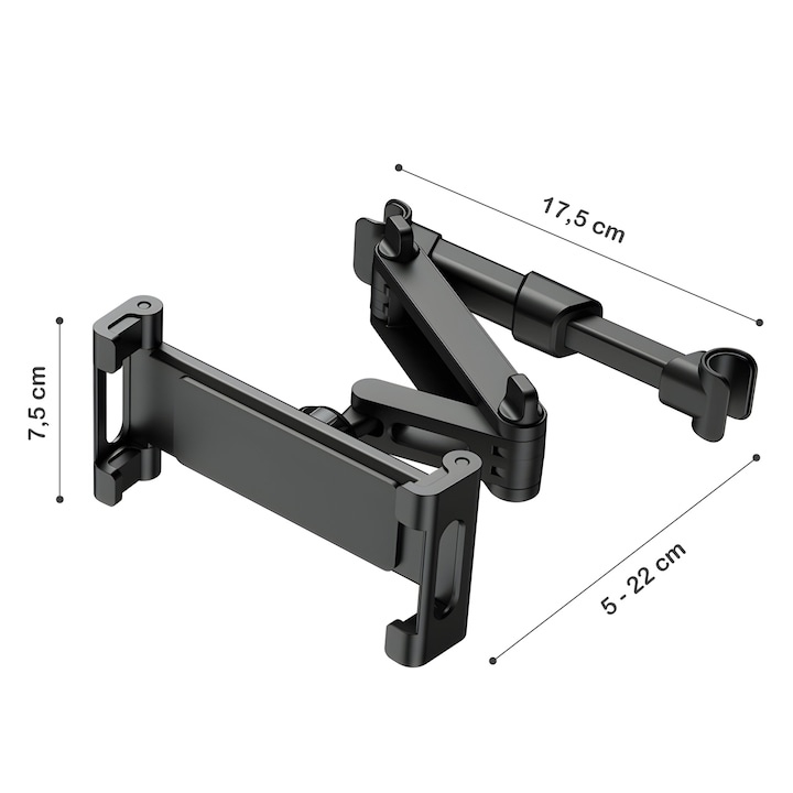 Suport auto pentru telefon si tableta, montare pe tetiera, brat extensibil, rotatie 360°, compatibil 4.7–12.9 inch, sistem stabil, aluminiu si silicon, negru [10]