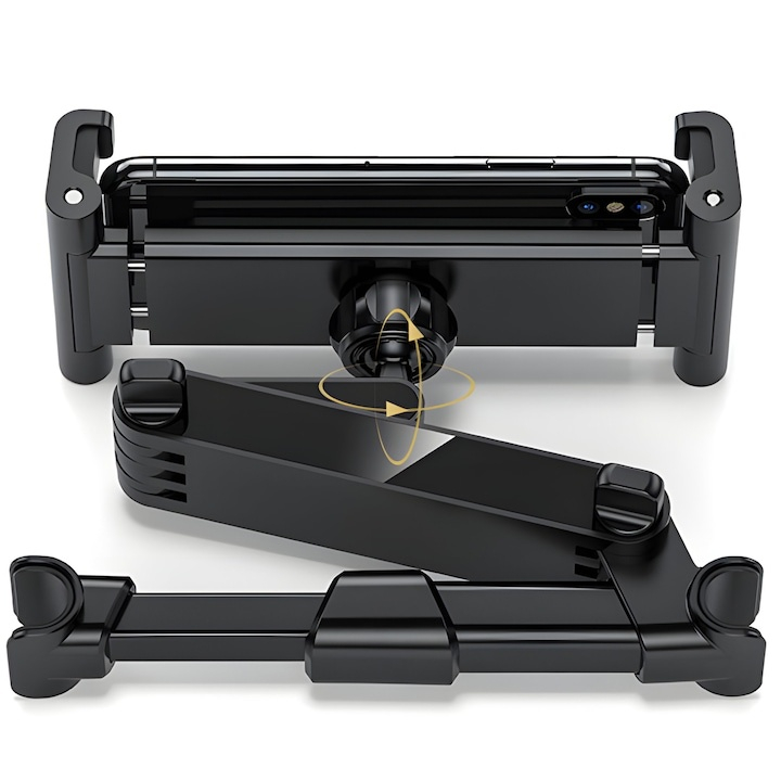 Suport auto pentru telefon si tableta, montare pe tetiera, brat extensibil, rotatie 360°, compatibil 4.7–12.9 inch, sistem stabil, aluminiu si silicon, negru [5]