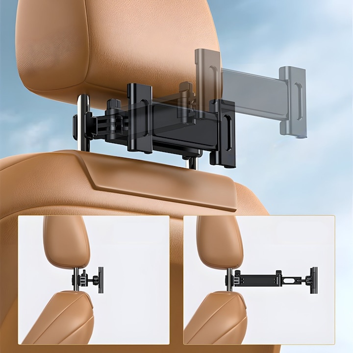 Suport auto pentru telefon si tableta, montare pe tetiera, brat extensibil, rotatie 360°, compatibil 4.7–12.9 inch, sistem stabil, aluminiu si silicon, negru [9]