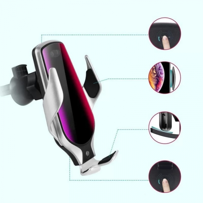 Suport auto telefon cu incarcate rapida wireless, fixare pe grila de ventilatie - Argintiu [5]