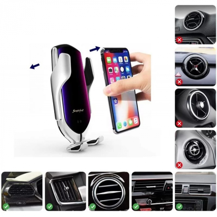 Suport auto telefon cu incarcate rapida wireless, fixare pe grila de ventilatie - Argintiu [4]