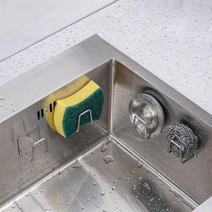 Suport autoadeziv pentru burete, universal, otel inoxidabil, rezistent la apa, 5x5 cm, argintiu – carlig multifunctional pentru bucatarie si baie [3]