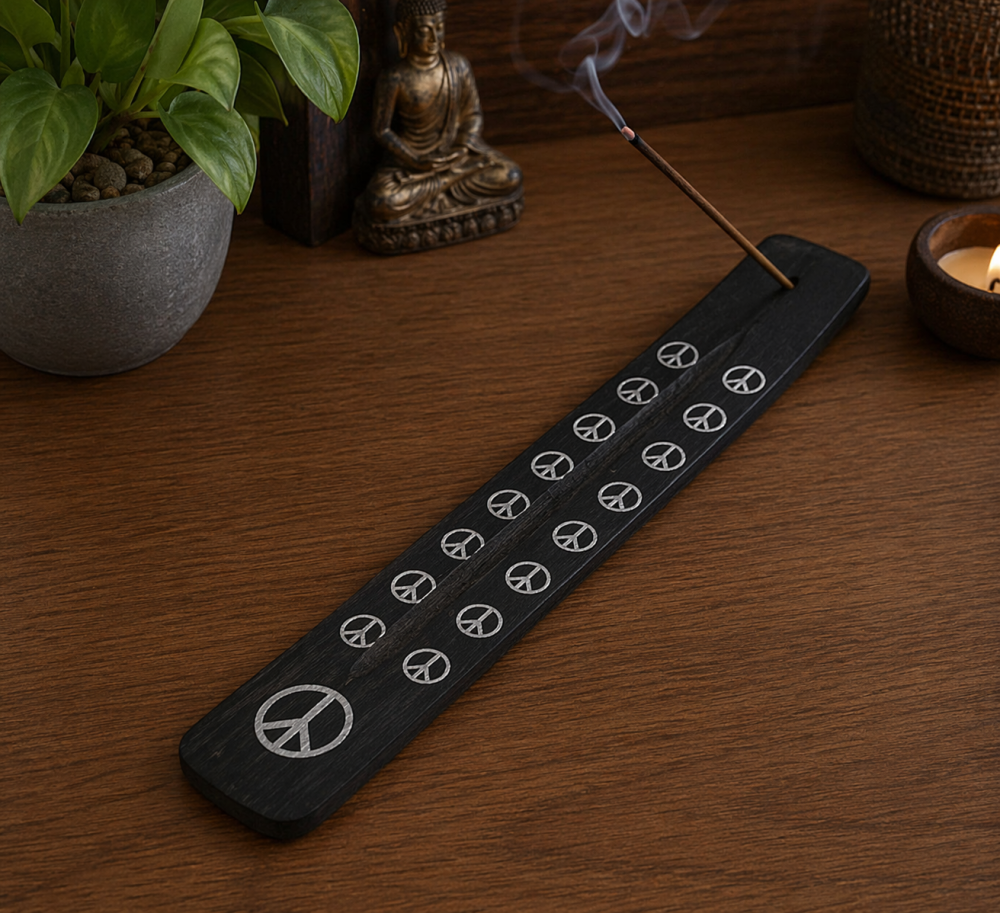 Suport betisoare parfumate din lemn, model simbol pace, lungime 26 cm, negru, suport ardere aromaterapie [4]