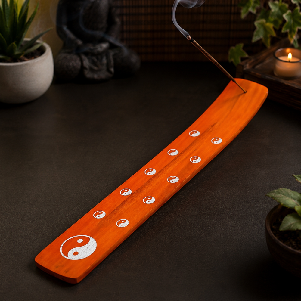 Suport betisoare parfumate din lemn, model Yin Yang, lungime 26 cm, portocaliu, suport ardere betisor aromaterapie [3]