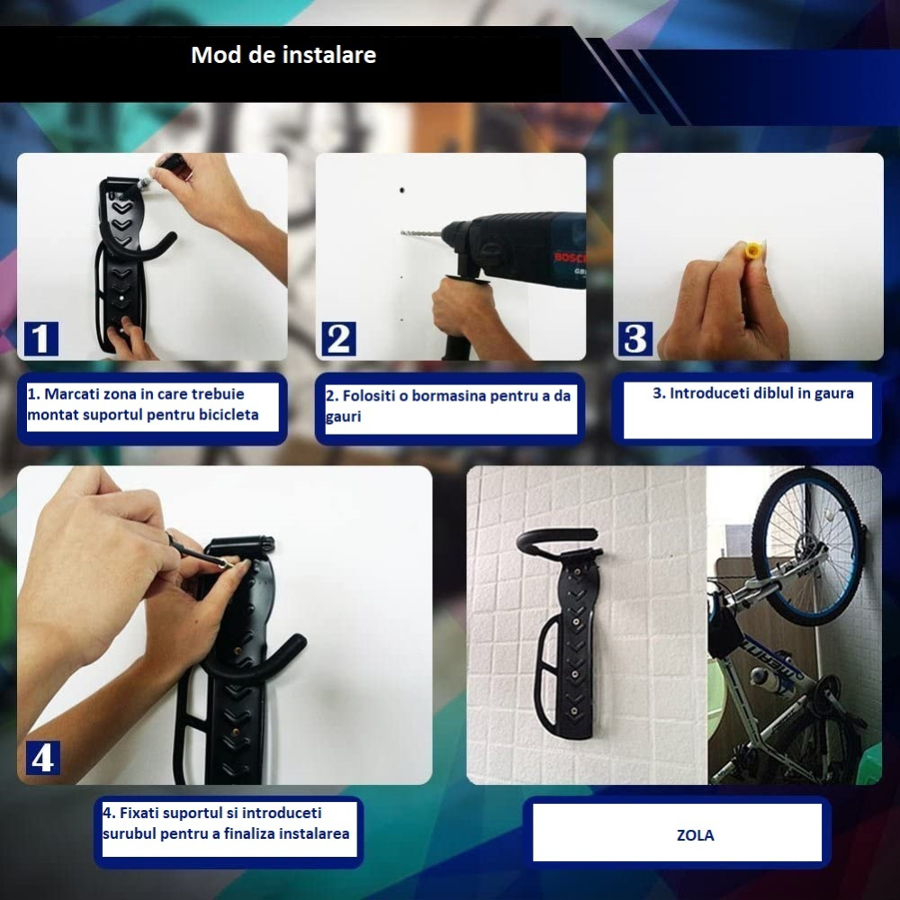 Suport de perete pentru bicicleta, suspendabil, cu protectie pentru bara de prindere, 25.5 x 7 x 13 cm, negru – solutie practica pentru depozitare eficienta si sigura [14]