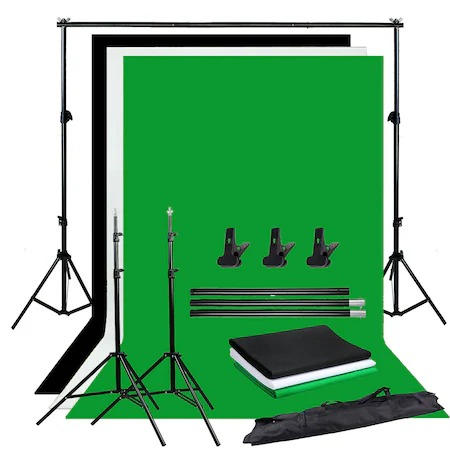 Suport fundal foto studio, 2x3m, clesti inclusi + 4 panze de fundal multicolore 2x3m