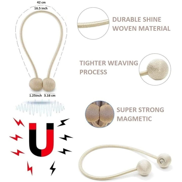 Suport magnetic pentru perdele, snur decorativ elegant din poliester, 44 cm, alb auriu [7]