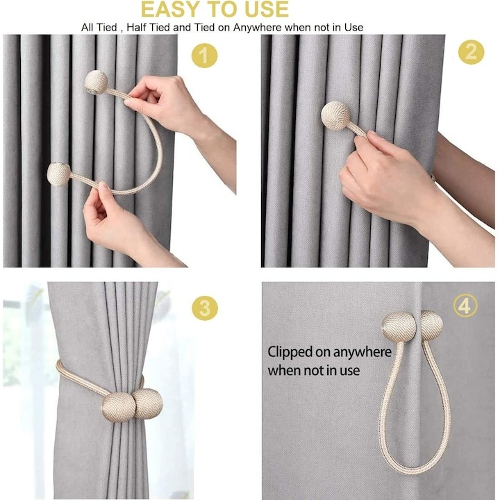 Suport magnetic pentru perdele, snur decorativ elegant din poliester, 44 cm, alb auriu [8]