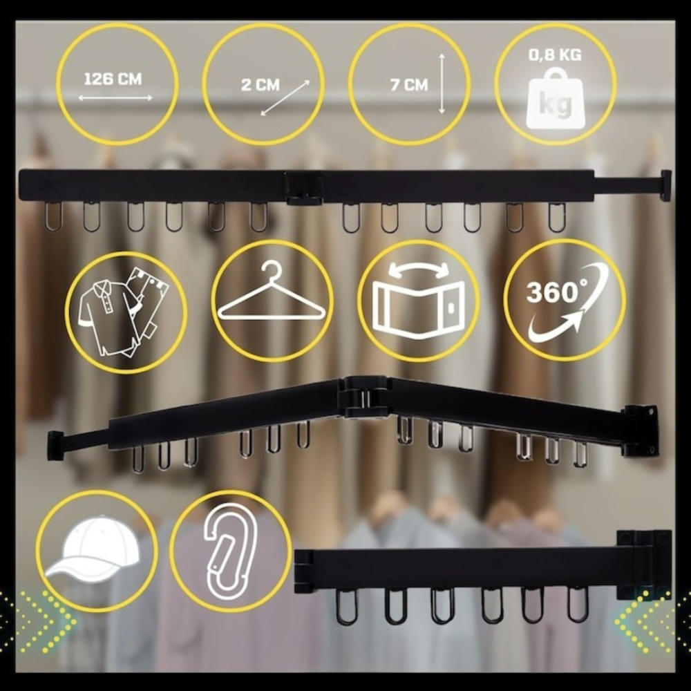 Suport pliabil extensibil perete pentru uscare haine, 114 cm, 18 carlige rotative, aluminiu, negru [10]