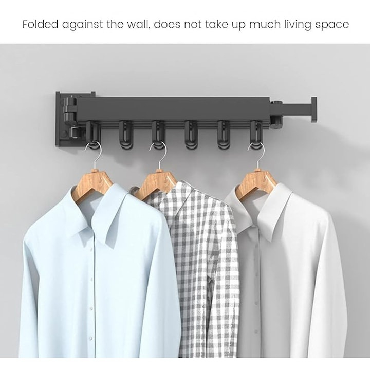 Suport pliabil extensibil perete pentru uscare haine, 114 cm, 18 carlige rotative, aluminiu, negru [8]