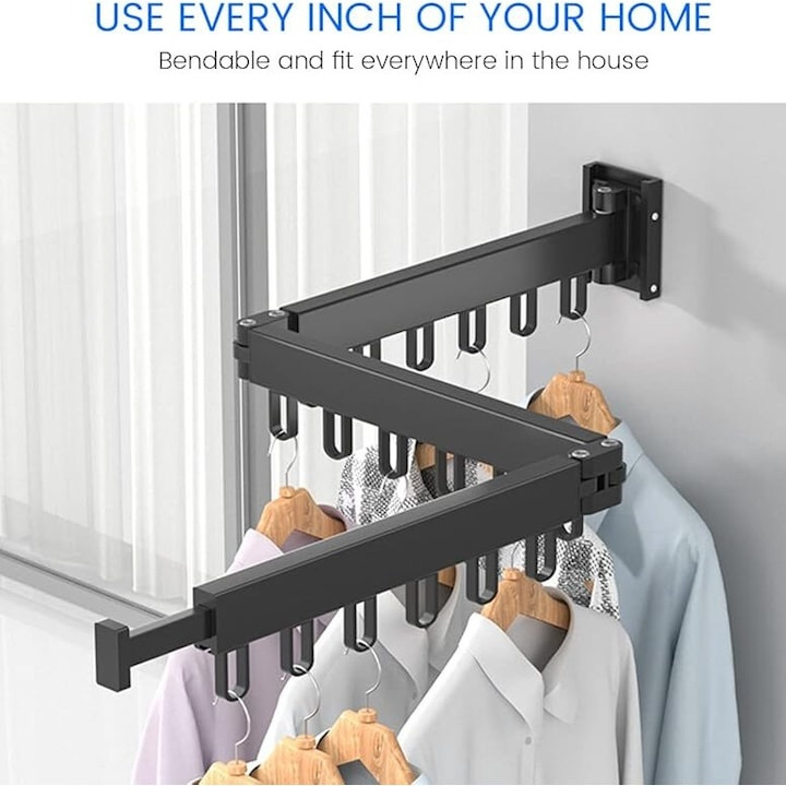 Suport pliabil extensibil perete pentru uscare haine, 114 cm, 18 carlige rotative, aluminiu, negru [9]