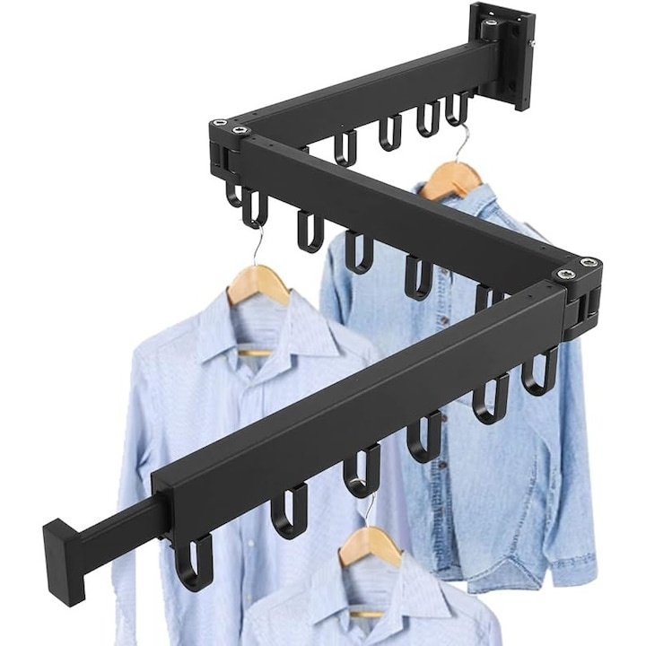 Suport pliabil extensibil perete pentru uscare haine, 114 cm, 18 carlige rotative, aluminiu, negru [6]
