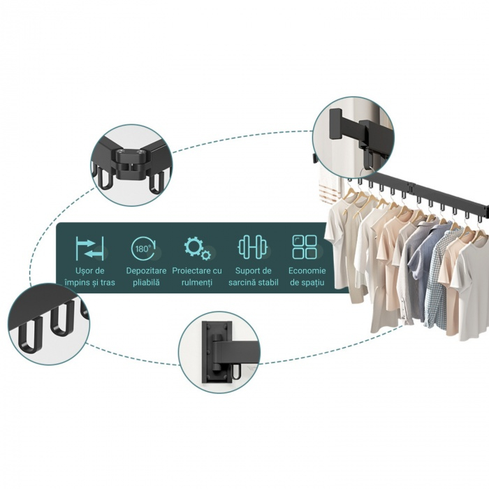 Suport pliabil extensibil perete pentru uscare haine, 114 cm, 18 carlige rotative, aluminiu, negru [3]
