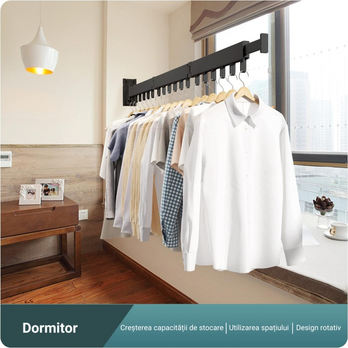 Suport pliabil extensibil perete pentru uscare haine, 114 cm, 18 carlige rotative, aluminiu, negru [5]