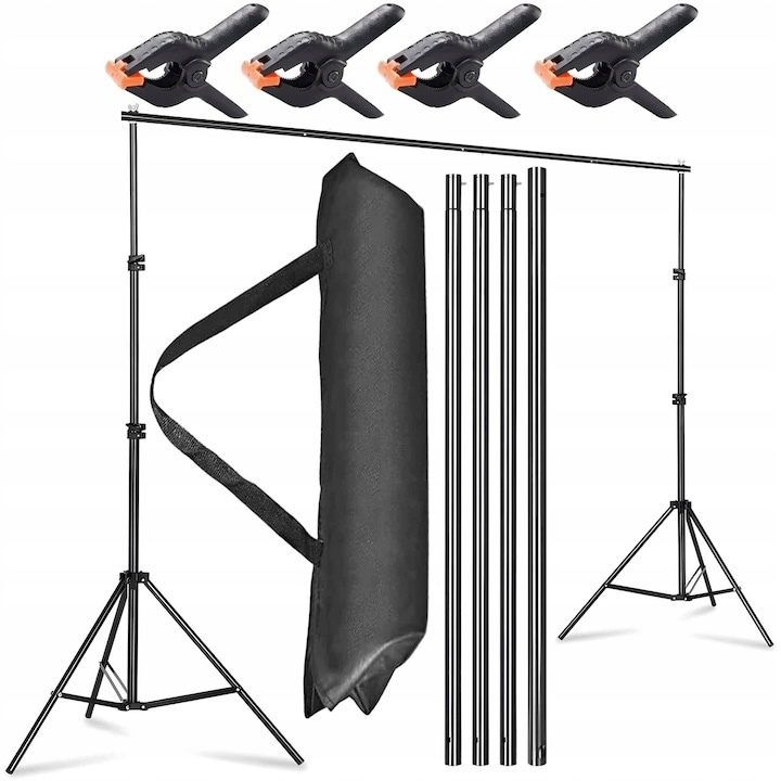 Suport portabil pentru fundal foto, kit complet cu 2 trepiede reglabile, bara transversala modulara si cleme, husa transport inclusa, ideal pentru studio si exterior [9]