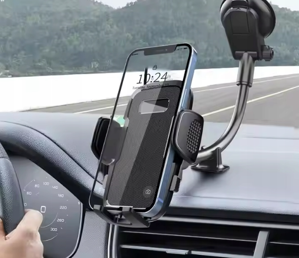 Suport telefon auto cu ventuza pentru bord, aluminiu, prindere tripla, negru [2]