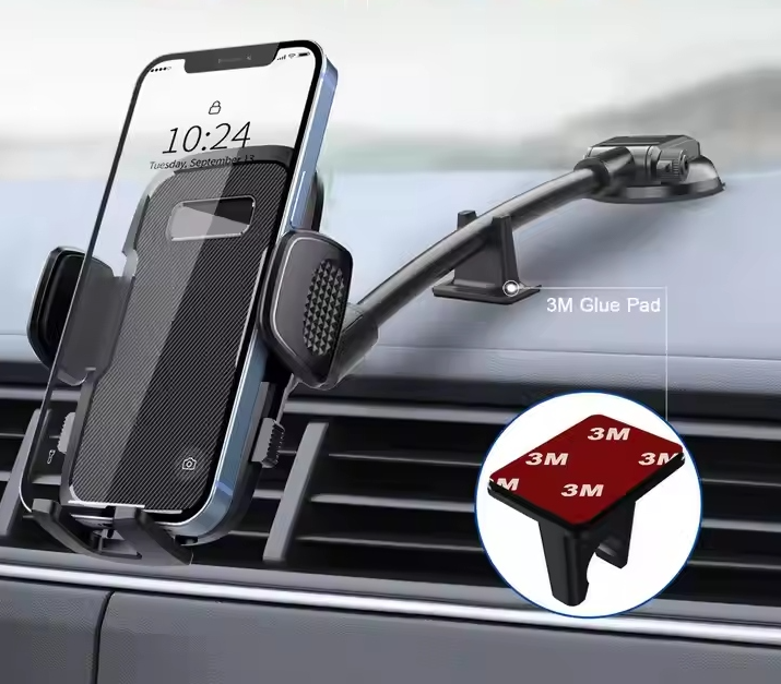 Suport telefon auto cu ventuza pentru bord, aluminiu, prindere tripla, negru [4]