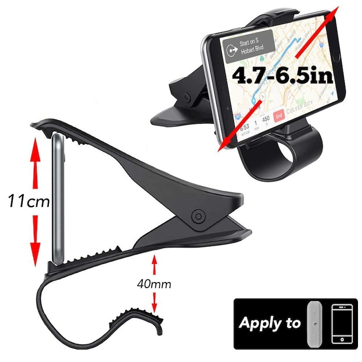 Suport telefon auto pentru bord cu clema reglabila, universal, prindere sigura, utilizare cu o mana, negru [3]