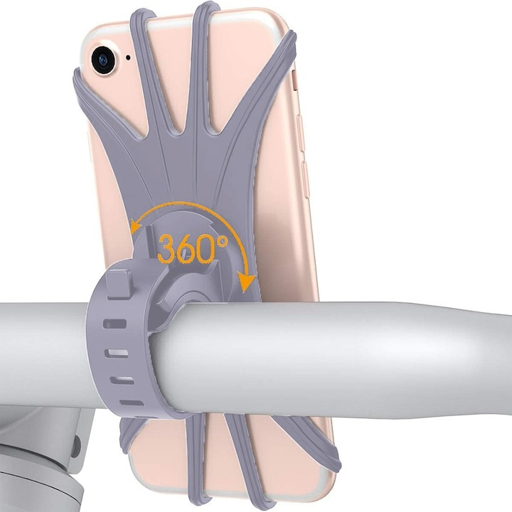 Suport telefon din silicon, montare pe ghidon pentru bicicleta, motocicleta, trotineta, rotire 360 grade - Gri [7]