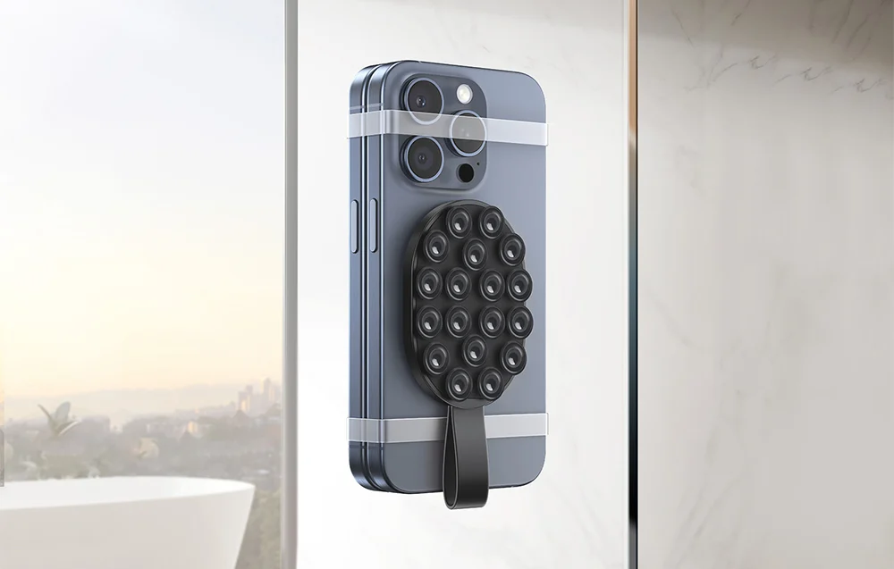 Suport telefon negru cu ventuze din silicon, prindere pe suprafete netede [6]