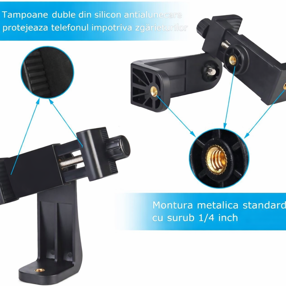 Suport telefon rotativ pentru trepied cu prindere reglabila 55-105 mm si montura universala 1/4 inch, adaptor smartphone vertical orizontal, negru [6]