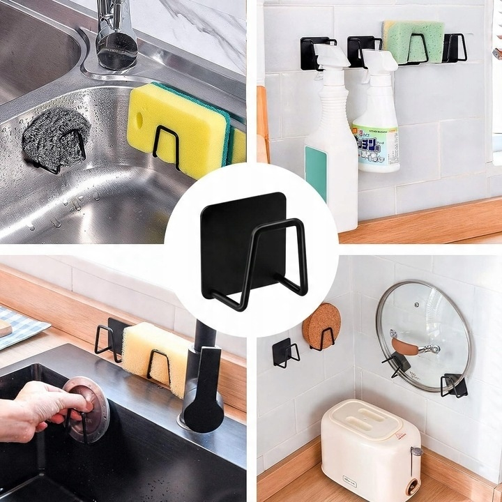 Suport universal autoadeziv pentru burete, otel inoxidabil, cu capac, rezistent la umezeala, 5x5 cm, negru – organizator compact pentru chiuveta si blat [10]