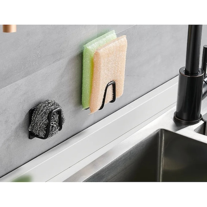 Suport universal autoadeziv pentru burete, otel inoxidabil, cu capac, rezistent la umezeala, 5x5 cm, negru – organizator compact pentru chiuveta si blat [5]