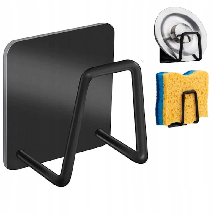 Suport universal autoadeziv pentru burete, otel inoxidabil, cu capac, rezistent la umezeala, 5x5 cm, negru – organizator compact pentru chiuveta si blat [1]