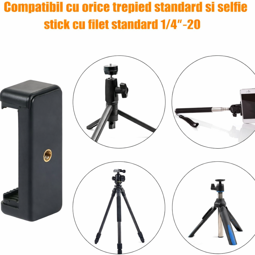 Suport universal pentru telefon cu montura trepied 1/4 inch, adaptor smartphone reglabil pentru monopied, selfie stick si mini trepied, negru [2]