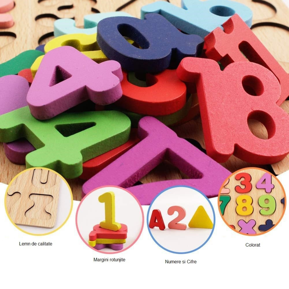 Tabla cu cifre si simboluri pentru copii, puzzle educativ, 25 piese, Montessori, lemn, 20 x 20 cm, multicolor [10]