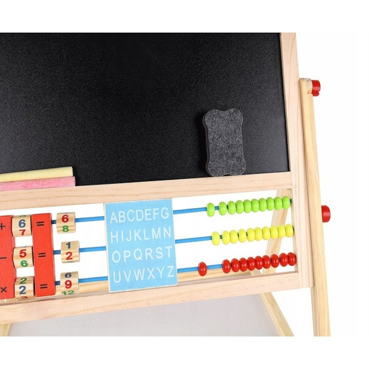 Tabla cu doua fete tip sevalet cu tavita depozitare, numaratoare, ceas, numere, marker, creta si burete incluse, dimensiune 34x42x65 cm [5]