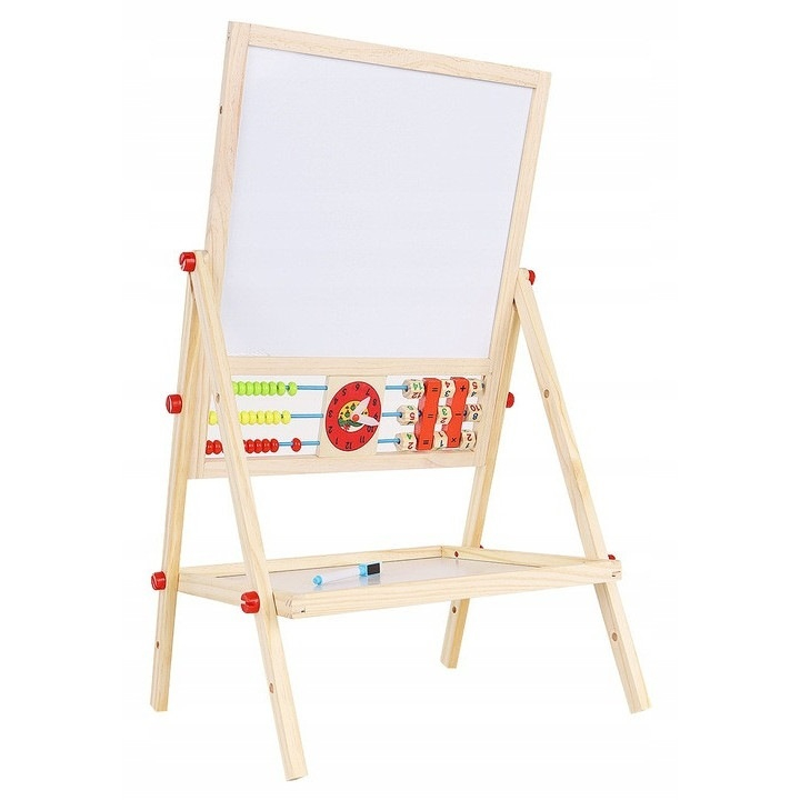 Tabla cu doua fete tip sevalet cu tavita depozitare, numaratoare, ceas, numere, marker, creta si burete incluse, dimensiune 34x42x65 cm [6]