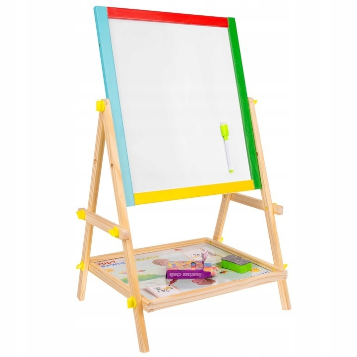 Tabla cu doua fete tip sevalet cu tavita depozitare, rama colorata, marker, creta si burete incluse, dimensiune 34x42x65 cm [2]