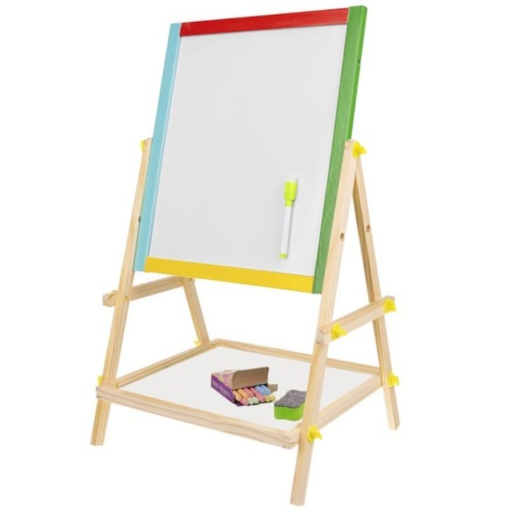 Tabla educativa pentru copii, cu doua fete, suport lemn, 65.5x40x33 cm, cu marker, burete si creta, multicolor [2]