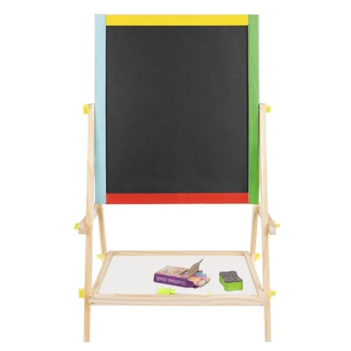 Tabla educativa pentru copii, cu doua fete, suport lemn, 65.5x40x33 cm, cu marker, burete si creta, multicolor [1]