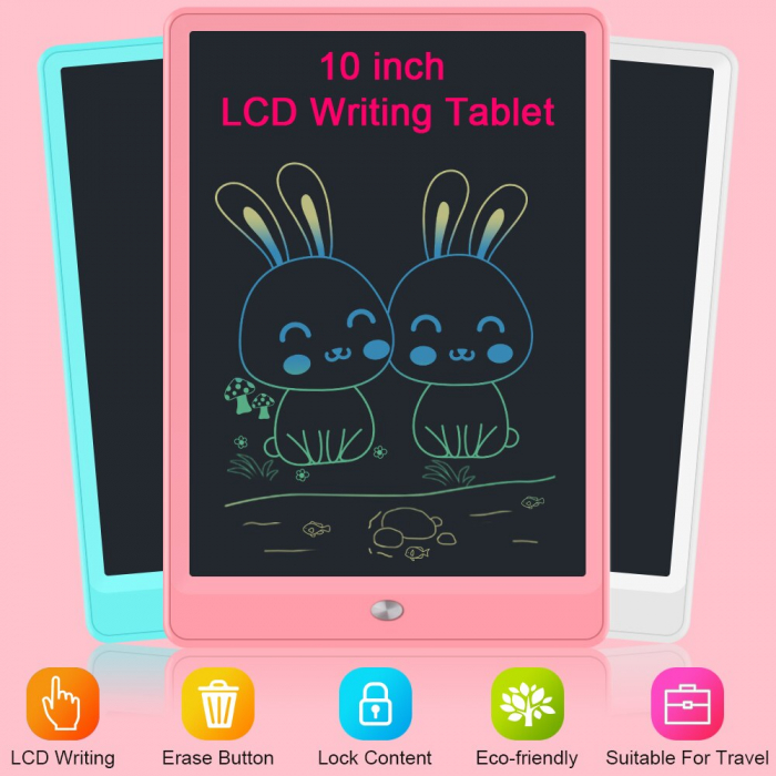 Tableta grafica de desenat pentru copii,color de 10 inch diagonala, cu buton de stergere si creion - Roz [2]