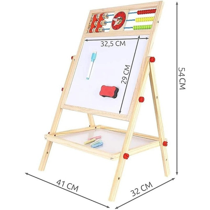 Tablita magnetica interactiva pentru copii, cu 2 fete, suport lemn, socotitoare, marker, burete si creta, alb-negru [2]