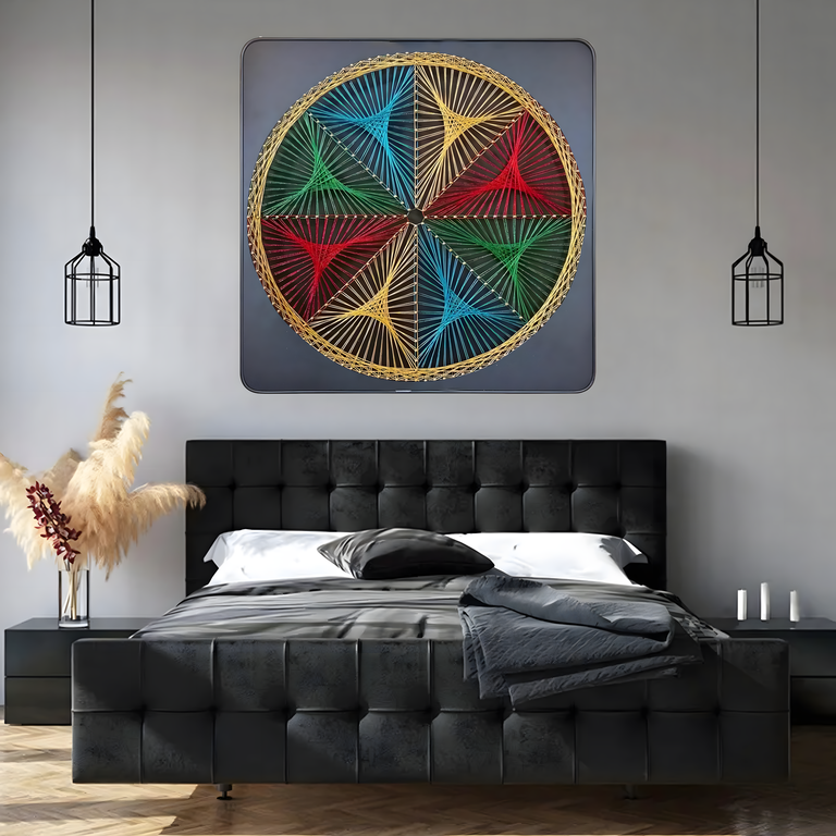 Tablou string art multicolor 30 x 30 cm, decoratiune handmade cu fire colorate si model geometric circular, kit creativ pentru perete [8]