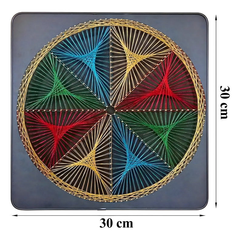 Tablou string art multicolor 30 x 30 cm, decoratiune handmade cu fire colorate si model geometric circular, kit creativ pentru perete [5]