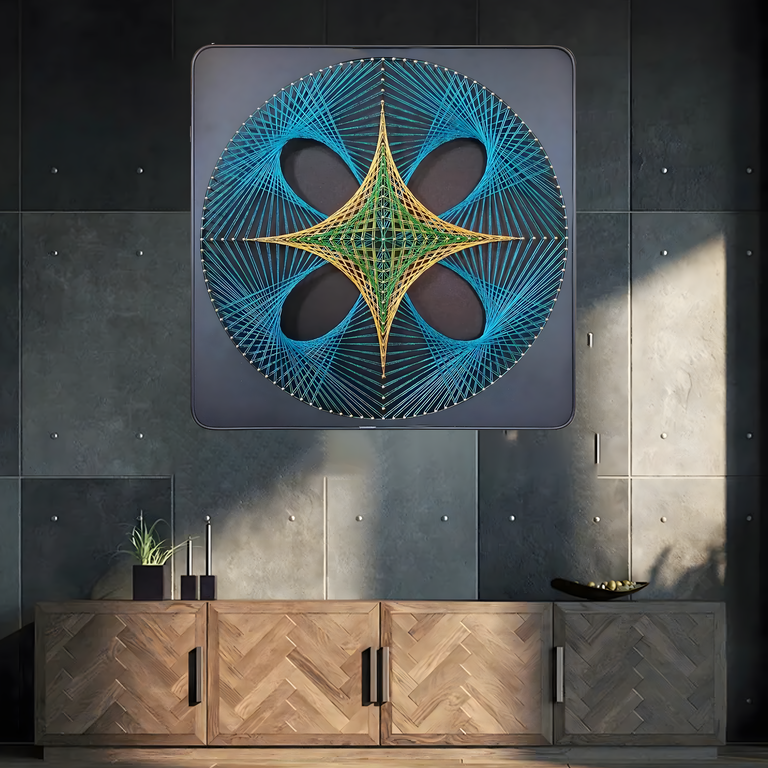 Tablou String Art negru 40 x 40 cm, model geometric cu fire albastre, aurii si verzi, decor modern pentru perete, kit creativ DIY [3]