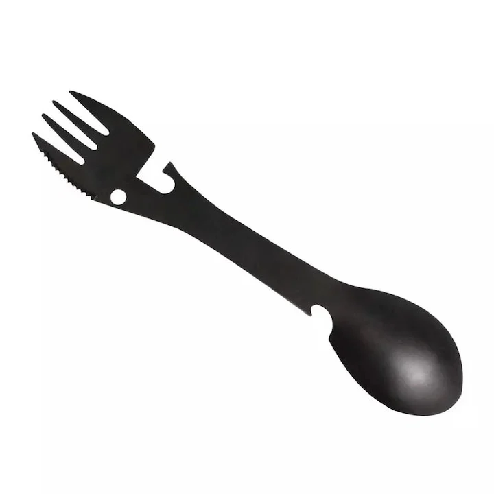 Tacâm multifunctional camping 5 in 1, negru, lingura, furculita, cutit, deschizator conserve si sticle [6]