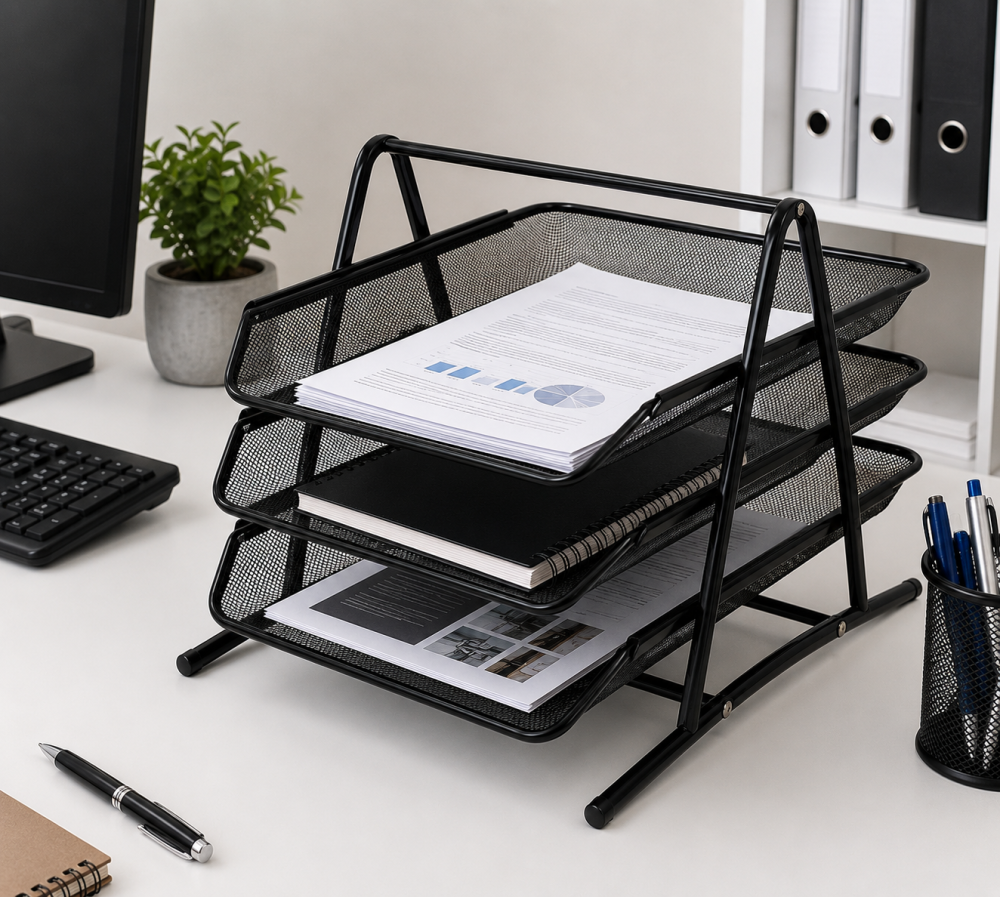 Tavita pentru documente, negru, 3 niveluri, 295 x 265 x 345 mm, organizator metalic tip mesh pentru birou [2]