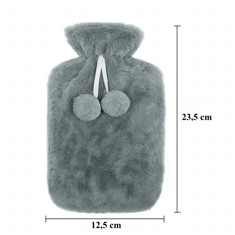 Termofor gri 0,5 L, 23,5 x 12,5 cm, sticla pentru apa calda cu husa pufoasa si pompoane, reutilizabil pentru incalzire si confort [2]