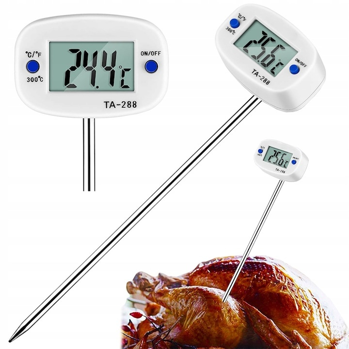 Termometru de bucatarie cu sonda din otel inoxidabil, ecran LCD, buton ON/OFF, capac detasabil, lungime 19 cm, 300°C [10]