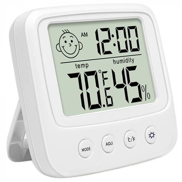Termometru, higrometru si ceas 3in1 cu temperatura afisata in Celsius si Fahrenheit - Alb