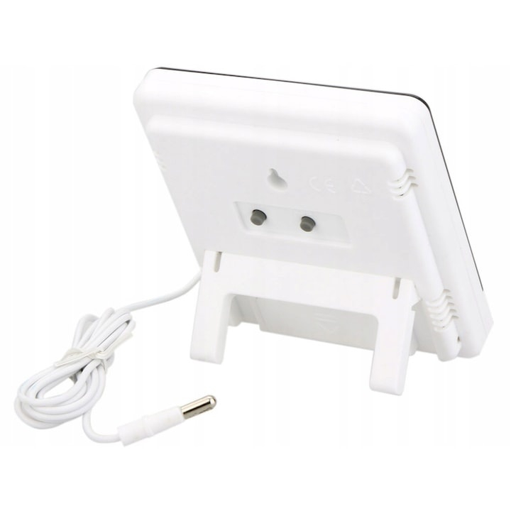 Termometru si higrometru digital cu sonda pentru exterior, afisaj LCD, ceas si alarma, alb – masurare precisa a temperaturii si umiditatii interioare/exterioare [7]