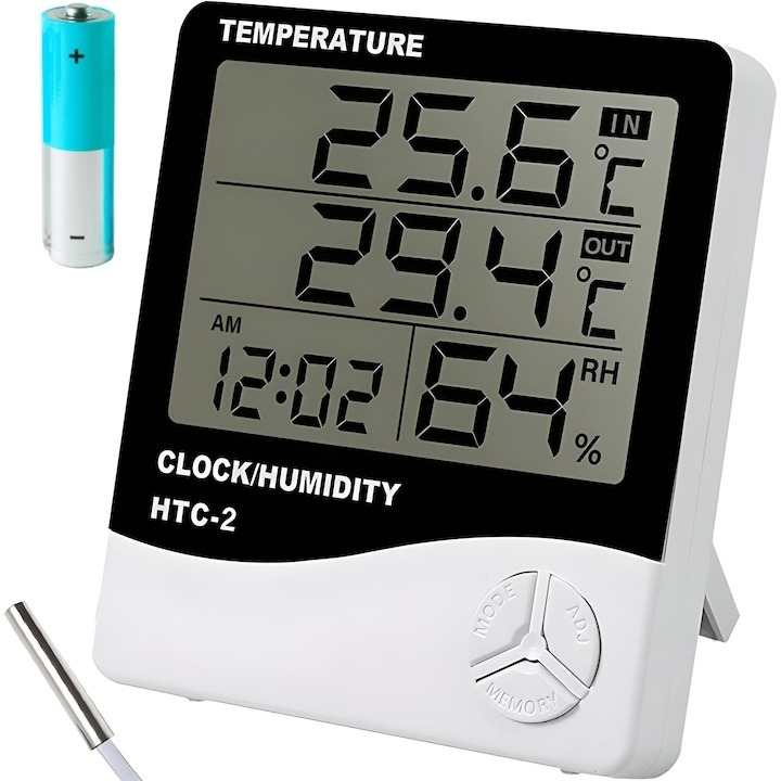 Termometru si higrometru electronic pentru interior, afisaj LCD, masurare temperatura si umiditate, cu alarma, memorie Min/Max, suport inclus, alimentare 1 x AAA, 10 x 9 x 2 cm, alb [7]